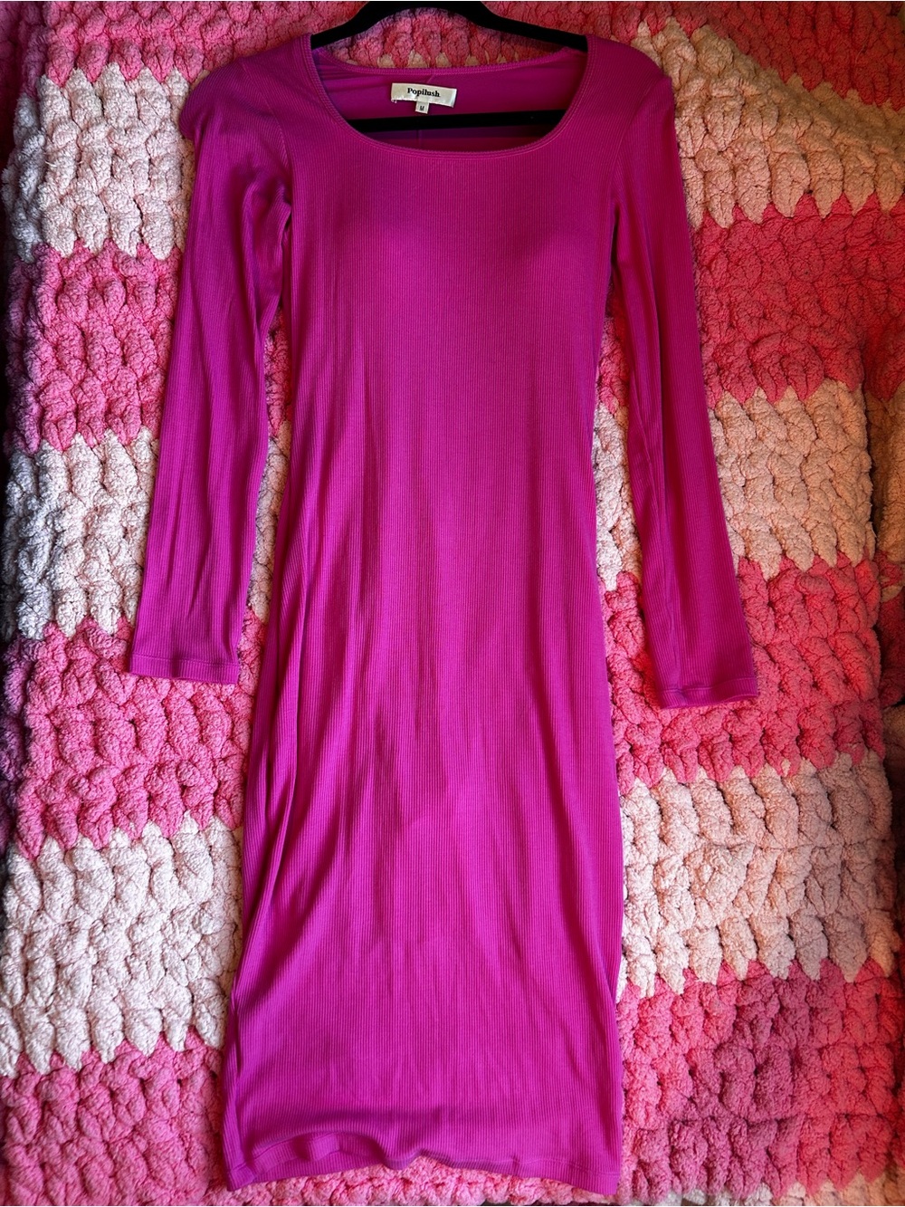 Popilush Shapewear Papaya Fuchsia/Pink Long Sleeve Midi Dress